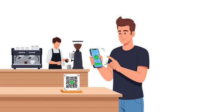Customer uses smartphone to scan qr code for contactless payment at a coffee shop with a barista preparing drinks