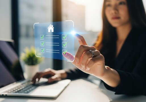 Woman hand interacting with digital checklist on transparent screen finger touching