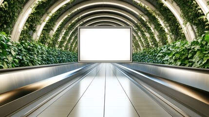 Empty advertisement board on a moving walkway in a modern terminal.