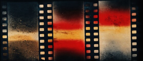 A film strip with a white border, a red and yellow gradient in the background, a grainy texture, blurred edges.