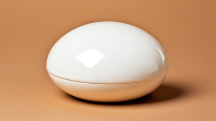 Polished white egg-shaped container on a beige background.