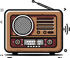 Vintage or old radio set with antenna, speaker grille, and tuner display in retro brown and sepia tones. Vector illustration for communication, news, music, and nostalgia concepts