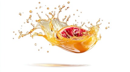 Grapefruit slice and juice splash in mid-air.