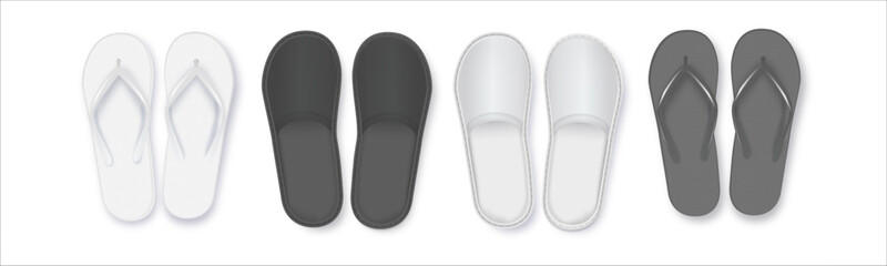 Realistic 3d White and Black Blank Empty Flip Flop Closeup Isolated on White Background. Design Template of Summer Beach Flip Flops Pair Mockup. Vector