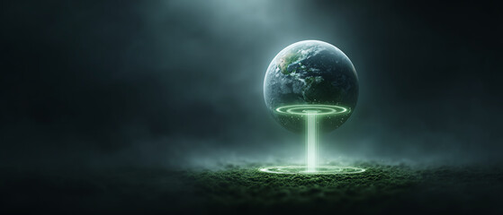 Mysterious green energy funnel with solar light beam lifts planet earth from nature, powerful futuristic concept for environment