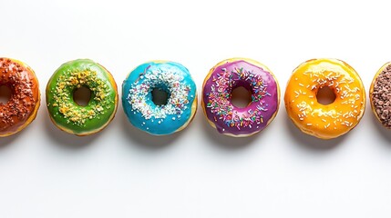 Colorful frosted donuts in a row.