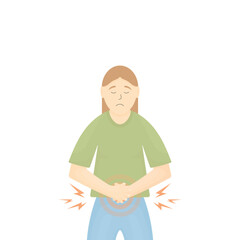 A woman with stomach pain on a white background. The woman is clutching her stomach. Symptoms of poisoning, menstruation, etc.