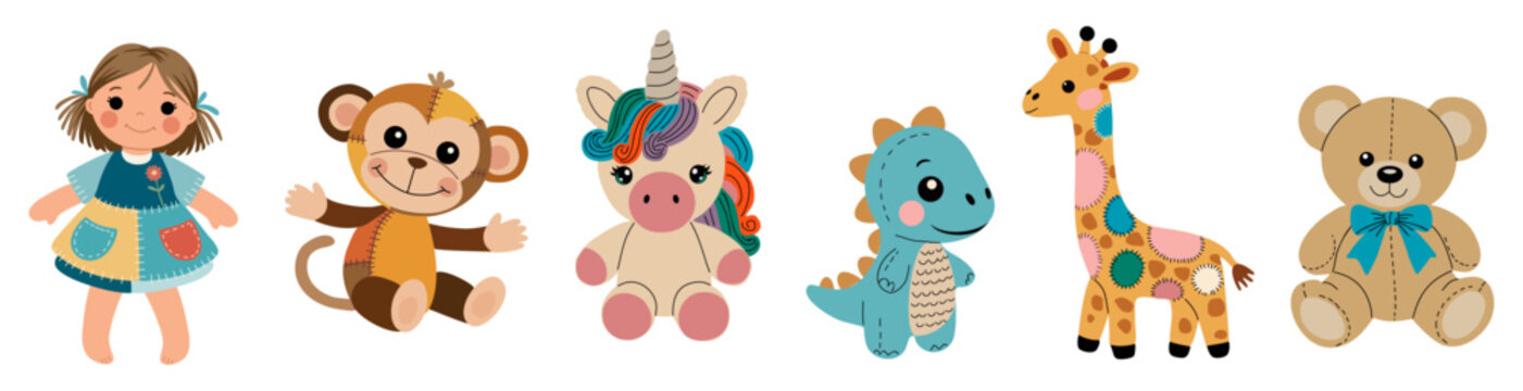 Cartoon vector illustration of five cute animals&mdash;a monkey, unicorn, dinosaur, and giraffe&mdash;arranged horizontally in a soft, child-friendly style on transparent background. Toys and dolls theme