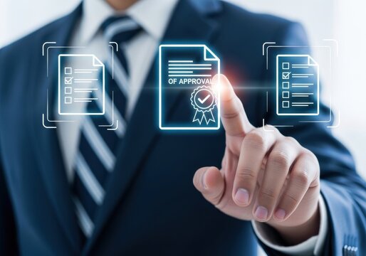 Businessman touching digital document with approval seal and checklist suit dark