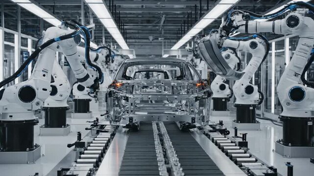 Modern car factory with automated robot arms welding a vehicle chassis on the production line. High tech industrial machinery working on a futuristic automobile assembly line with bright sparks