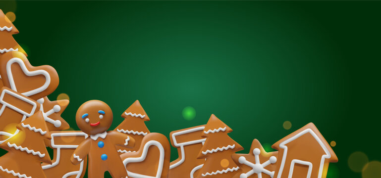 3D Christmas illustration with gingerbread cookies. Trees, hearts, snowflakes, houses, stockings, gingerbread man. Festive banners, greeting cards, holiday promotions with a warm, cozy seasonal mood.
