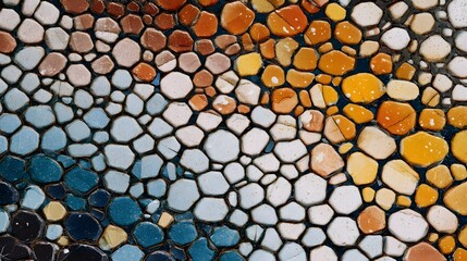 A vibrant mosaic background composed of small irregularly shaped ceramic tiles in a gradient of blue white and warm earth tones