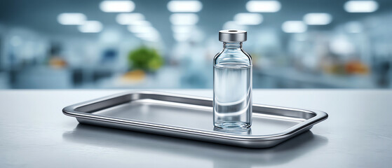 Hopeful medical vaccine vial with clear drug solution on steel tray inside clinical research laboratory, concept of modern healthcare