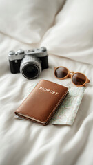 Travel flat lay with camera, passport map and sunglass on bed. Essential vacation accessory getting ready for an exciting journey abroad