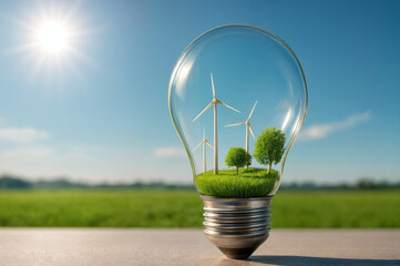 Eco light bulb with miniature landscape and wind turbines
