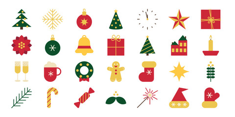 Set of flat-style icons Christmas tree, gift,  winter decoration ornament  for festive design projects. Xmas abstract icons in minimalist geometric style
