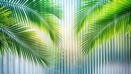 Fototapeta premium Green palm with reeded glass. Ribbed Background. Luxury cosmetic wall with summer decoration. White Reeded Glass. Plant leaves. Zen-inspired empty design with realistic blank space.