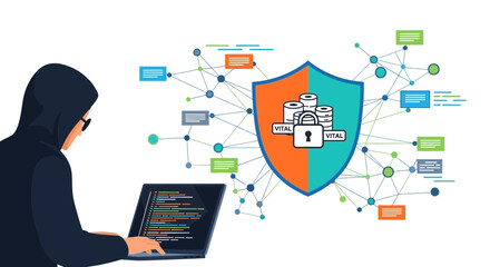Hacker in dark hoodie using laptop to breach digital network security and protect vital data with shield icon