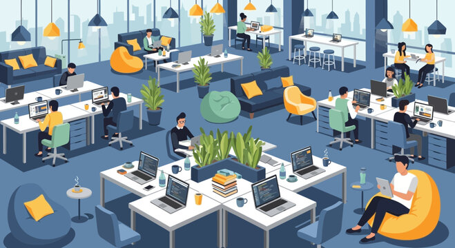 Modern open plan office space with diverse employees working on laptops and computers in a collaborative and comfortable environment