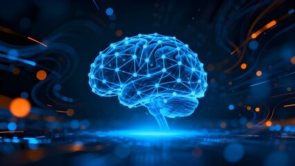 An artistic illustration of a human brain illuminated with neon light, representing the structure of Artificial Neural Networks which are at the core of AI technology. This symbolizes deep learning