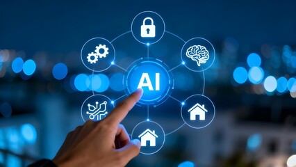 An image of a professional interacting with an AI interface. It demonstrates how AI technology is adopted in business environments to automate processes, enhance security, and drive innovation 