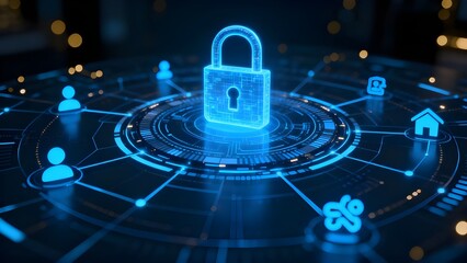 A visual focus on a glowing digital padlock, emphasizing the importance of security and data encryption in the digital age. The padlock is at the center of a network connecting users and data,