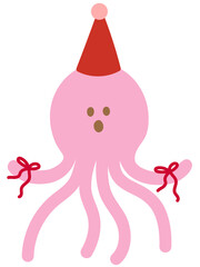 Pink octopus wearing Santa hat and red ribbon for Christmas and New Year illustration, sea life, under the sea, animal, festive winter, sticker, aquarium, ocean, animal, cartoon character, cute patch
