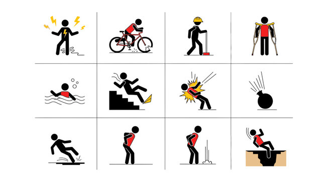 Diverse collection of pictograms illustrating common accidents, injuries, and safety warnings for awareness and prevention campaigns