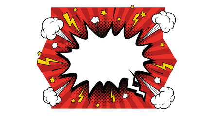 Explosive comic book speech bubble design with vibrant action elements and customizable text space