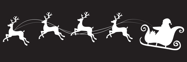 Silhouette of Santa Claus riding sleigh with reindeer. Black silhouette of Santa Claus flying in a sleigh pulled by reindeer, symbolizing Christmas night and holiday traditions. .eps10