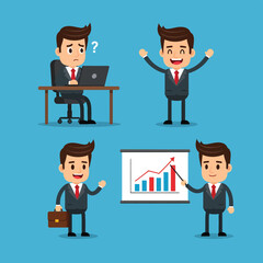 Cartoon Businessman in Various Poses Depicting Work and Success.