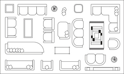 top view of furniture icons set for living room, drawing room and office in black and white for maps and architect planning, vector illustration