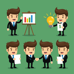 Cartoon Businessman in Various Poses Illustrating Business Concepts.