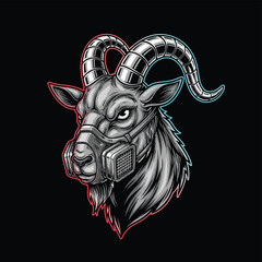 Cyberpunk Goat with Gas Mask - Futuristic Animal Illustration.