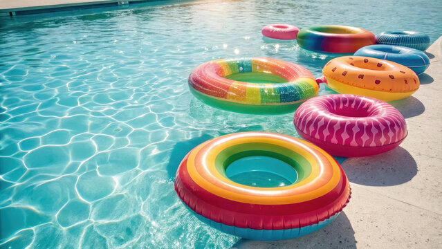 Vibrant tableau of inflatable floaties in swimming pool, showcasing colorful designs and patterns, evokes sense of summer fun and relaxation