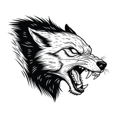 Ferocious Wolf Head Illustration with Snarling Expression and Sharp Teeth.