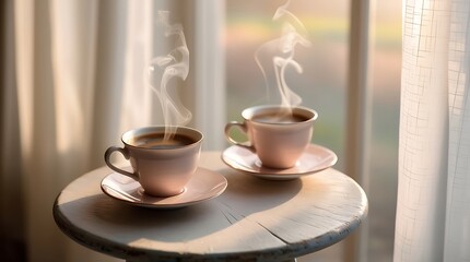 Fototapeta premium two cup of warm drinks beside the window