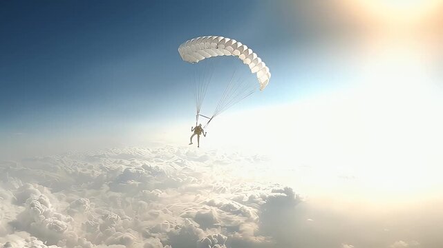 Parachuting silhouette above cloudscape against blue sky
