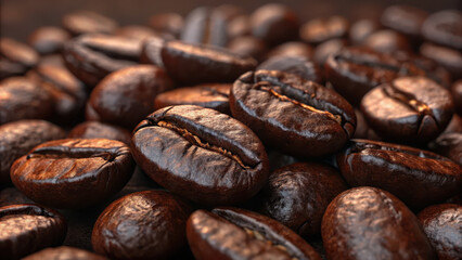 Rich, dark roasted coffee beans scattered on surface, showcasing their glossy texture and deep brown color, evoke sense of warmth and comfort