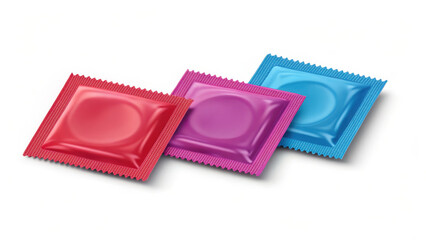 Colorful condom wrappers in red, purple, and blue arranged together, showcasing vibrant packaging. These wrappers symbolize safety and protection, appealing to diverse audience