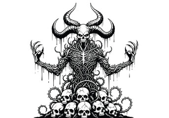Horned Demon with Skull Pile - Macabre Fantasy Art.