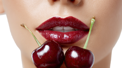  Close-up of red lips with glossy cherries, glamorous beauty face makeup, sensual expression isolated on white background