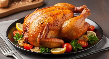 Delicious roasted chicken with lemon and tomatoes on a dark plate