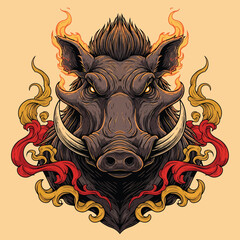 Intense Boar Head with Fiery Accents - A Bold Illustration.