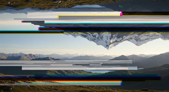 Surreal mountain landscape with digital glitch effects creating a distorted, abstract view of nature. - Powered by Adobe