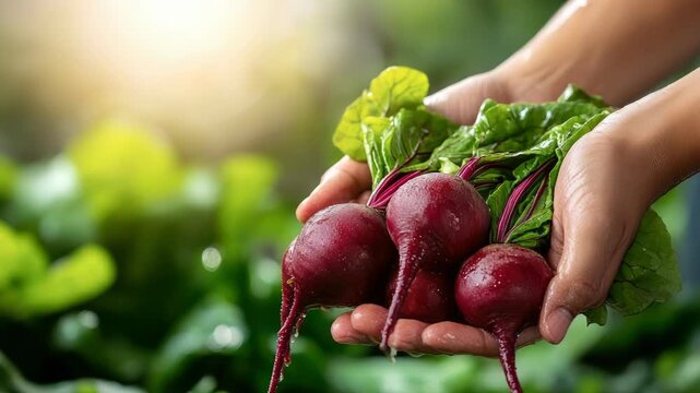 Close-up of a farmer carefully pulling fresh beetroots from dark, fertile soil, highlighting the vibrant colors of the vegetables and the richness of the earth during harvest season