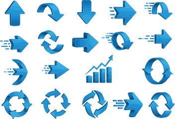 Create Blue arrows. 3D pointer icon, up and down, left and right, curved and circular arrow. Recycle, growth and direction symbols, motion elements on white background.