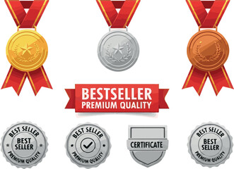 Create Best seller badges. Gold, silver and bronze seller winner medal with red ribbons, bestseller premium quality label. Circle seal sticker, certificate warranty emblem on white background.