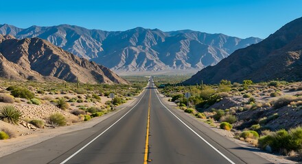Desert highway leads straight to distant mountains under a clear, bright blue sky