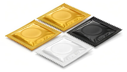 Set of colorful condom wrappers in gold, black, and white, showcasing various designs and textures, emphasizing safety and protection